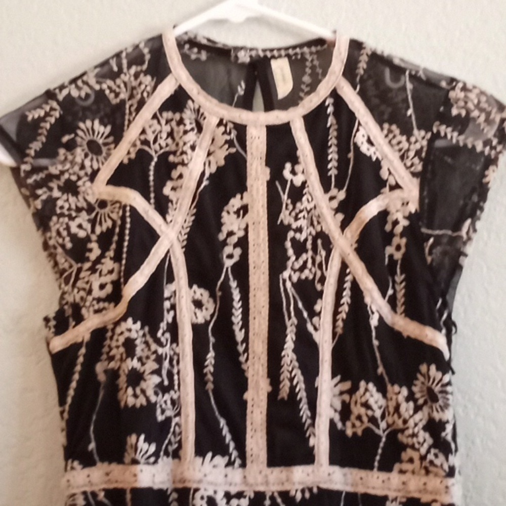 Free People Bohemian Lace Embroidered Coquette Girl Black Cream Feminine Dress - Picture 7 of 7